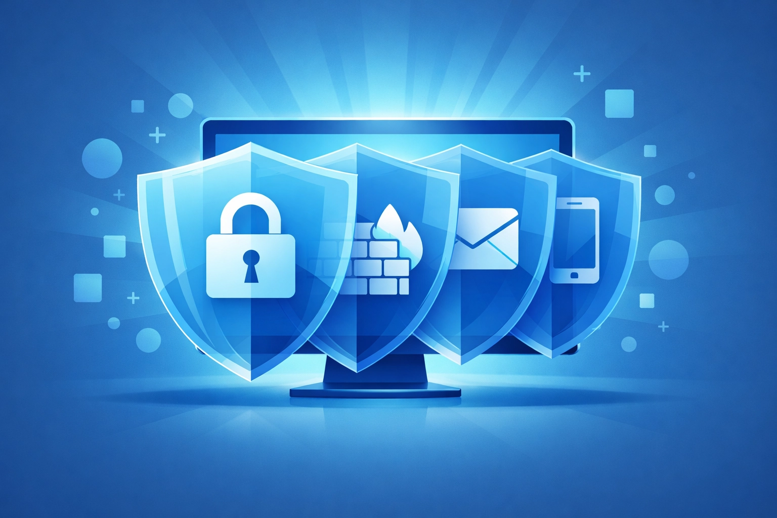 Layered cybersecurity protection with multiple security shields defending business computer systems