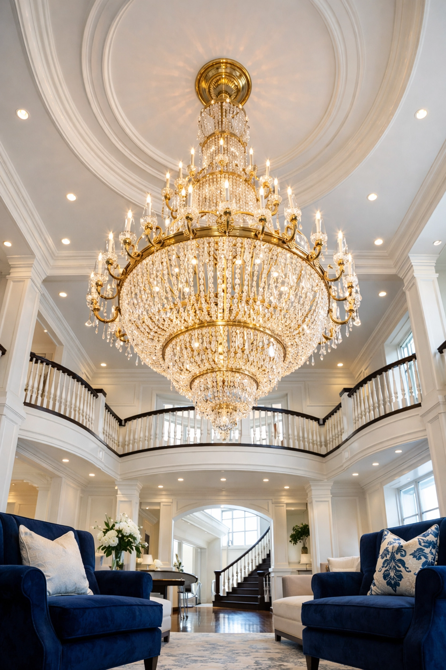 A brilliant, dust-free crystal chandelier shining in a grand entryway after professional maintenance.