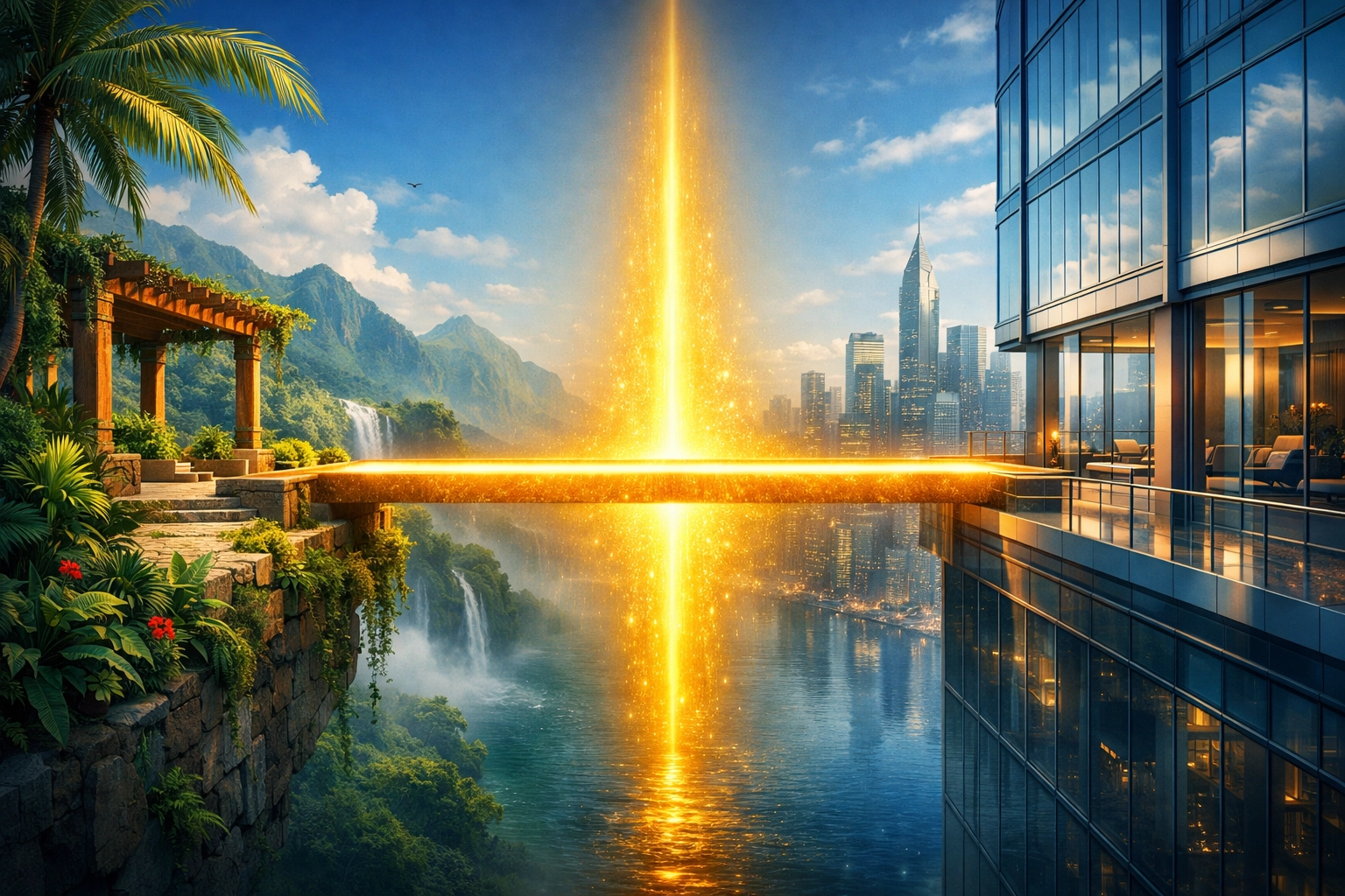 Bridge connecting a tropical terrace and a city skyscraper symbolizing fair global compensation.