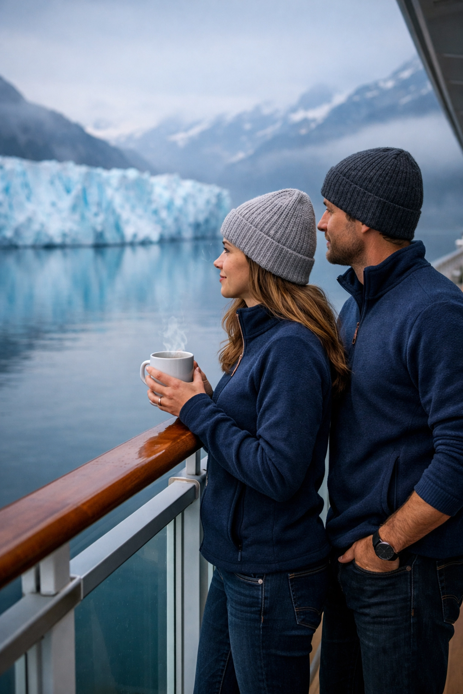 Couple wearing warm layers on an Alaska cruise balcony looking at a massive blue glacier in a misty fjord.