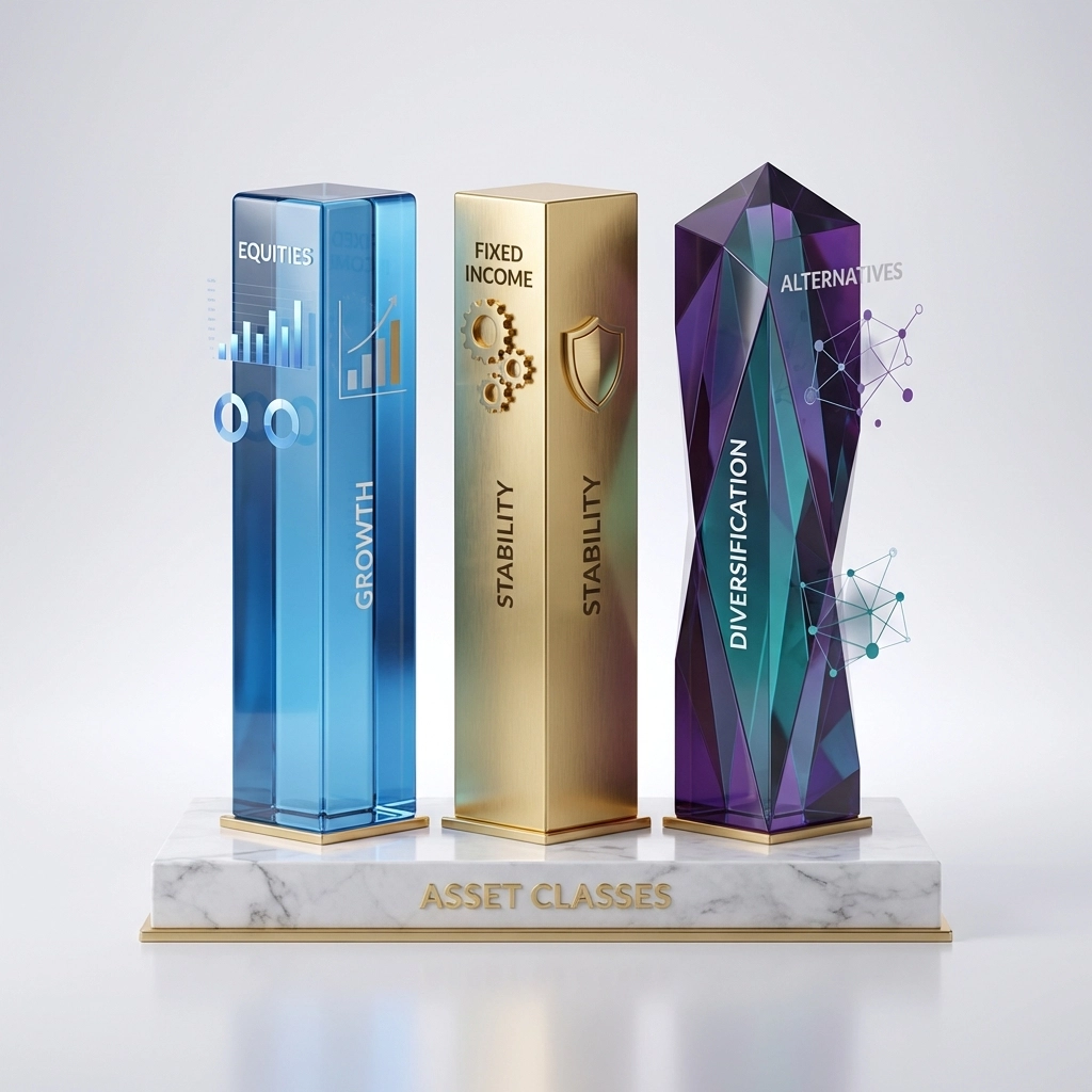 Three distinct pillars representing equities, fixed income, and alternatives highlight the 40/30/30 portfolio allocation