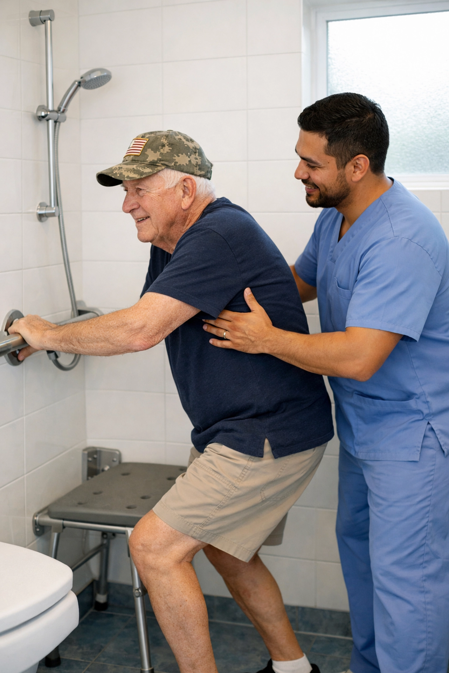 Caregiver assisting veteran with safe bathroom mobility using grab bars at home