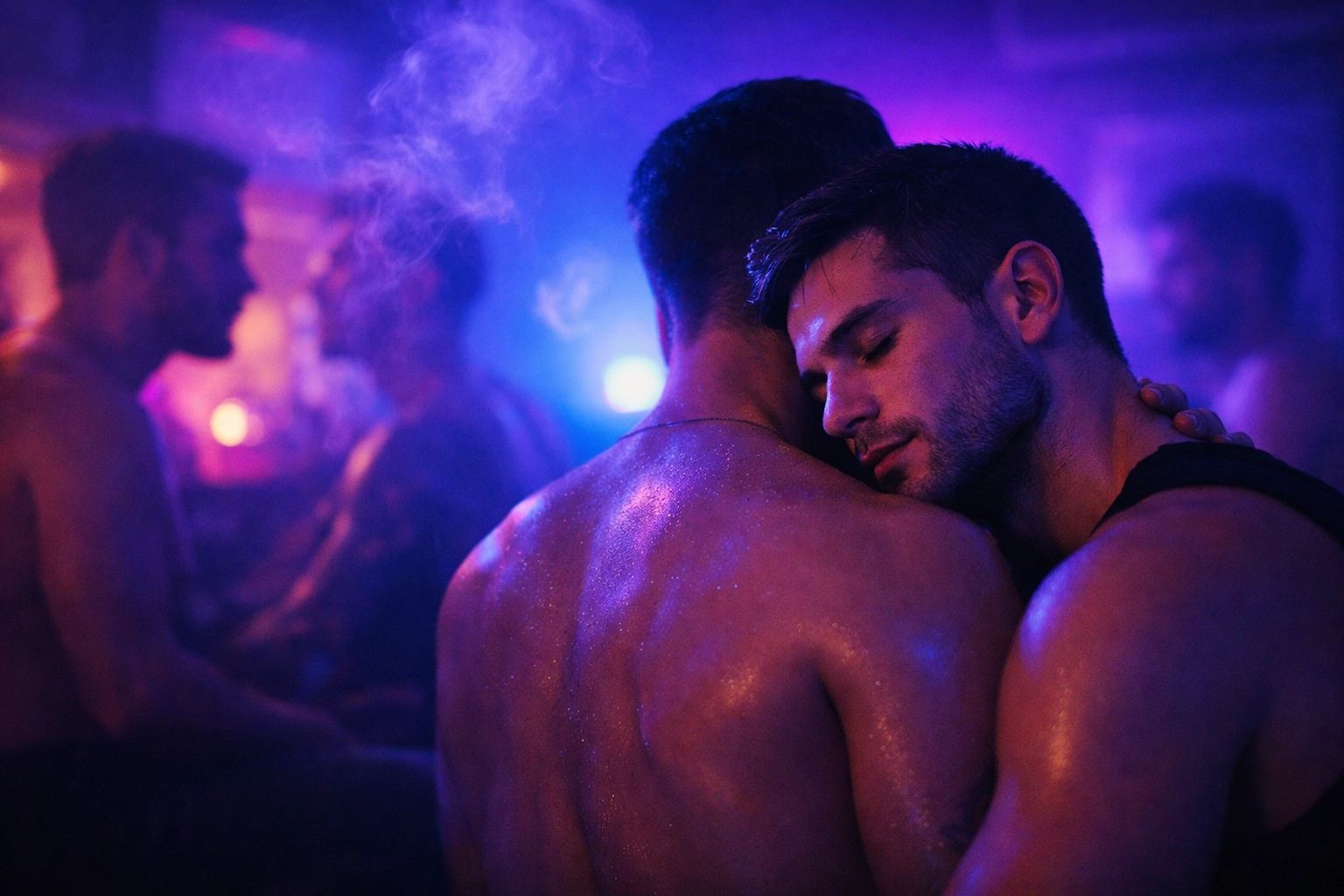 Gay men in a neon-lit room sharing an intense moment of connection during a late-night party encounter.