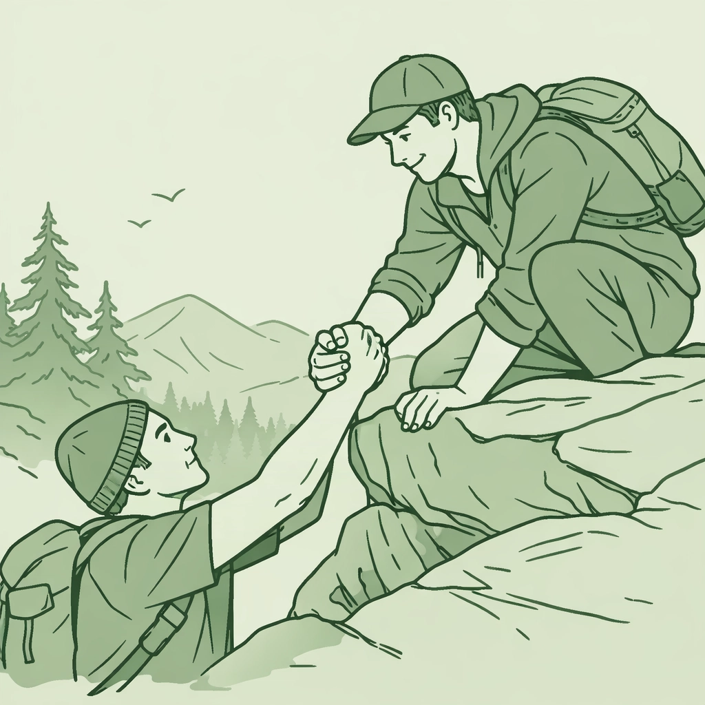 Gay romance trust and vulnerability: two men outdoors helping each other climb