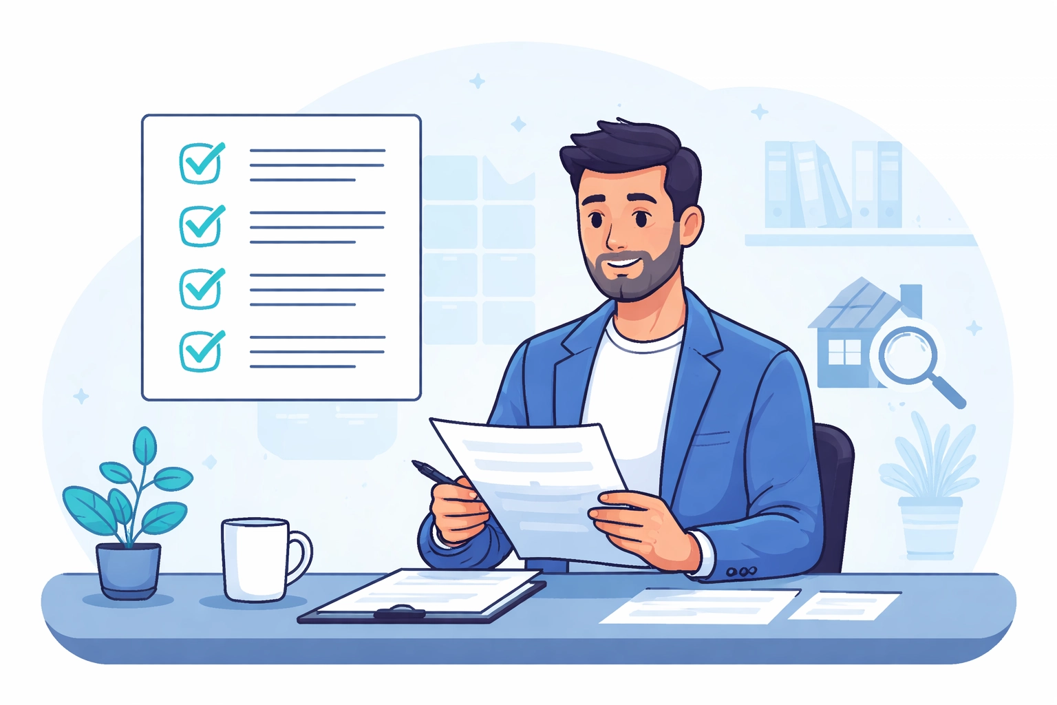 Landlord reviews tenant screening documents and checklist to ensure proper property management process