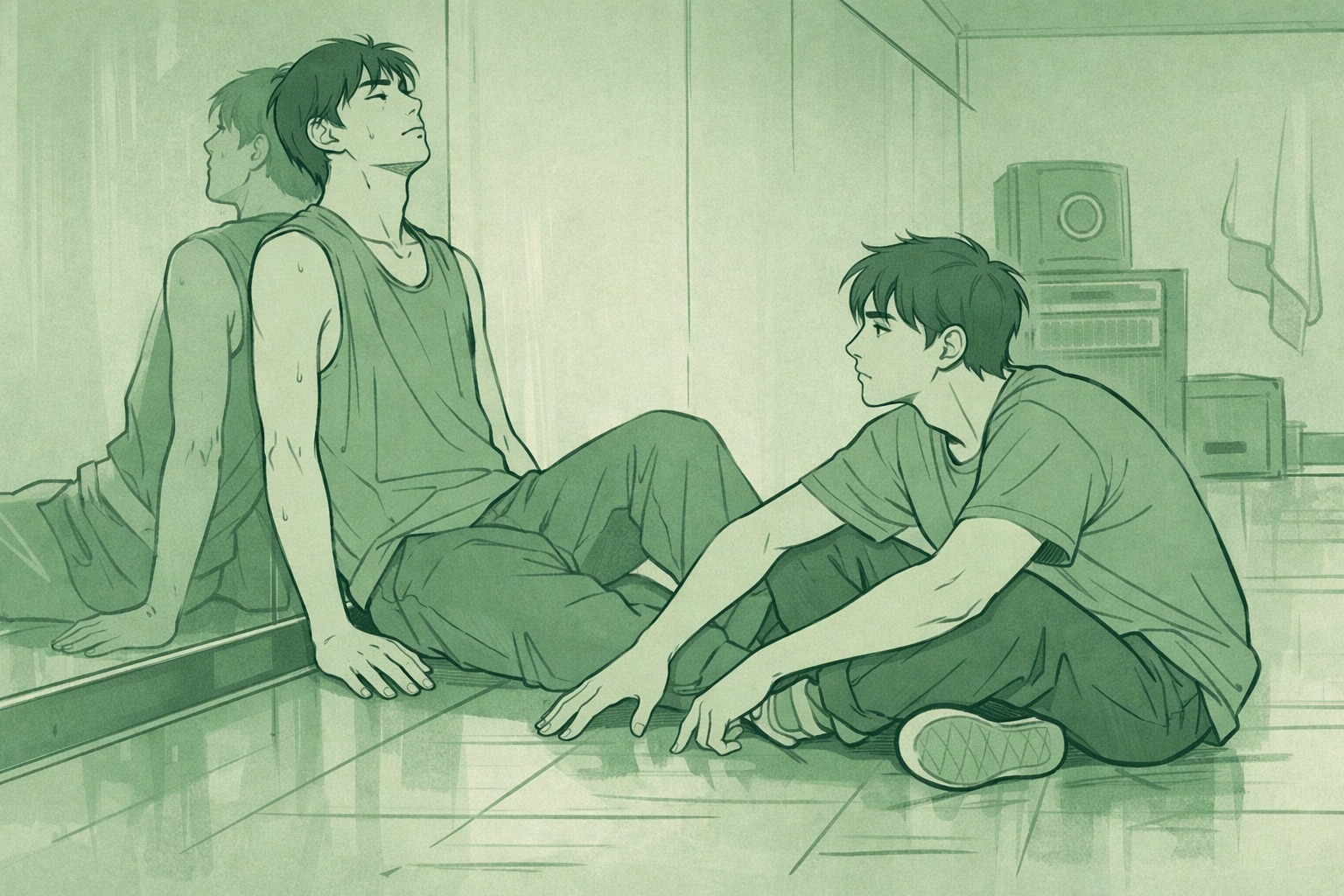 Two men share a secret moment in K-pop practice room - gay romance in Seoul entertainment industry