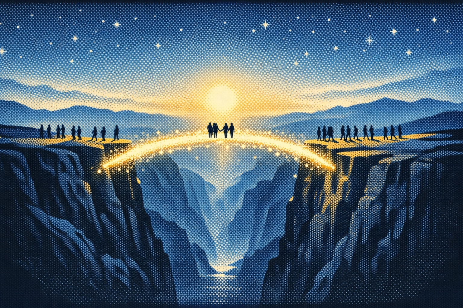 A bridge of light connecting two cliffs, representing the ministry of reconciliation and peace in conflict.