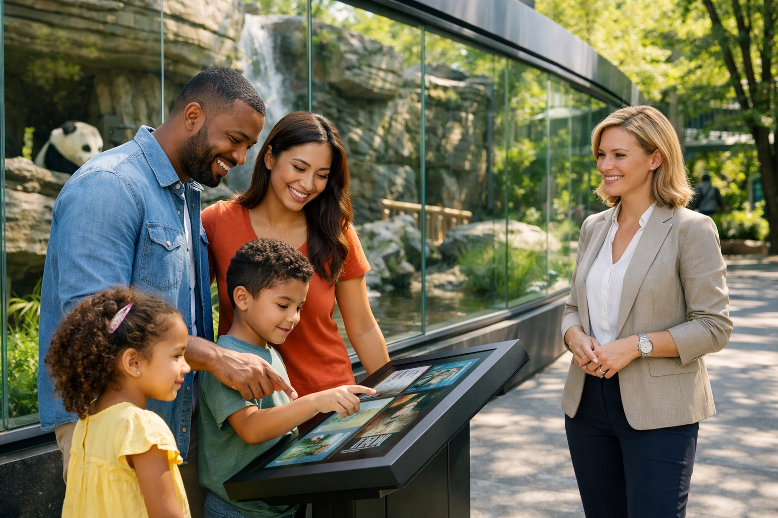 Family using an interactive digital kiosk at a modern zoo to enhance visitor engagement and marketing reach.