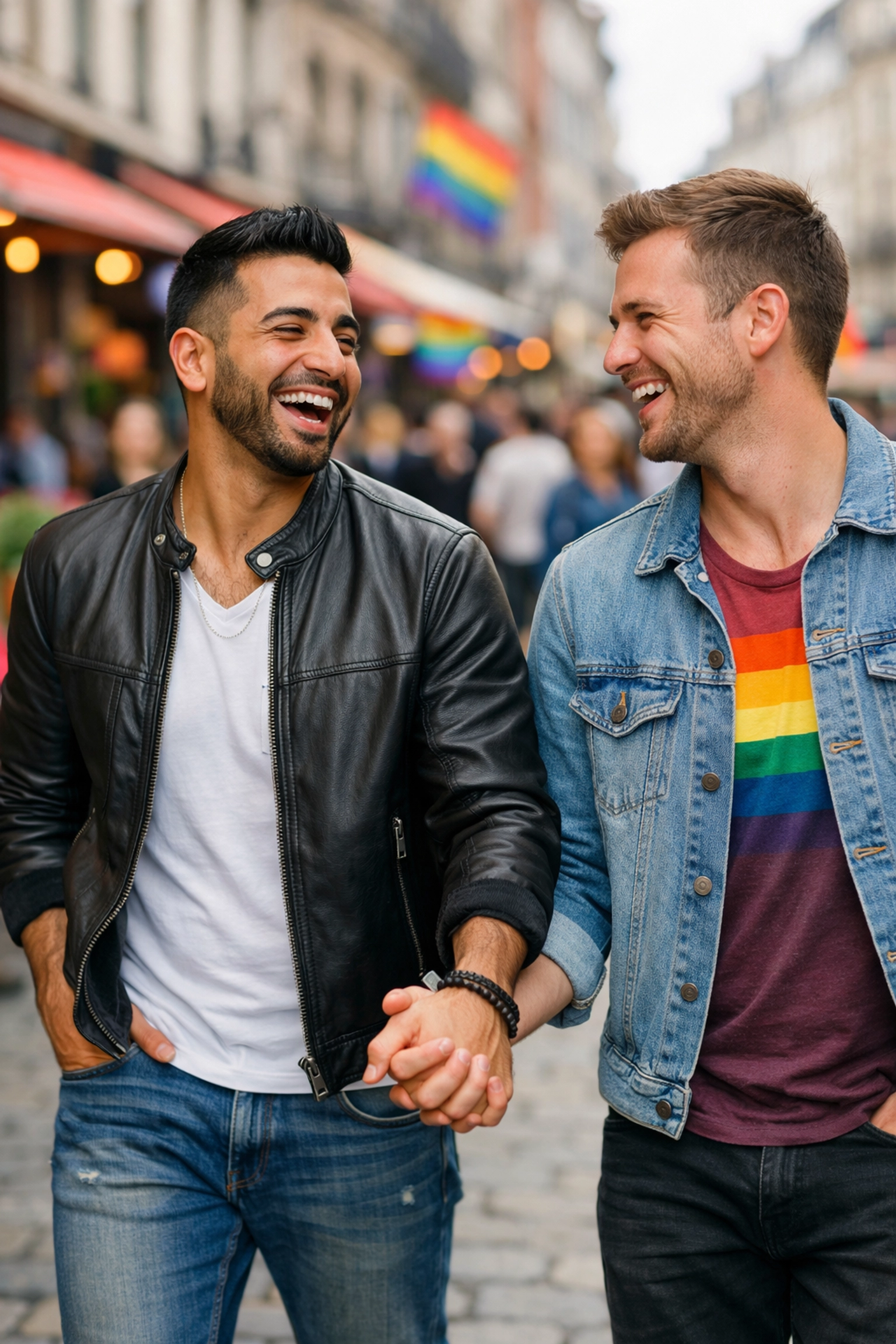 Diverse gay couple featuring an Arab protagonist walking hand-in-hand through a vibrant city.