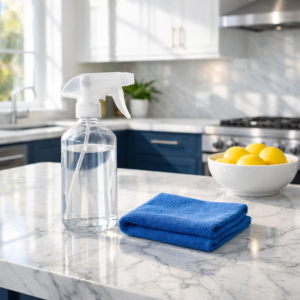Professional eco-friendly cleaning supplies on a spotless marble kitchen island in a Lunenburg home.