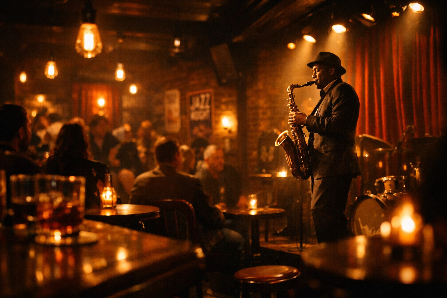 Intimate jazz lounge in Las Vegas with live saxophone performance and local crowd
