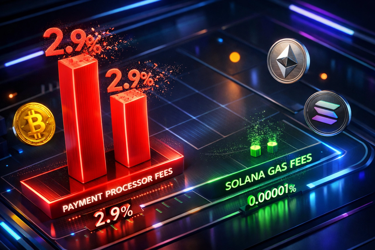 Web3 payment fee comparison showing dramatic savings from traditional 2.9% fees to minimal Solana gas costs