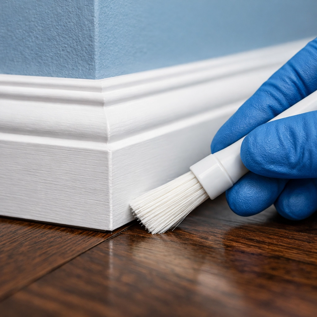 Detailed view of clean white baseboards and walnut floors in a MetroWest home after professional deep cleaning services.