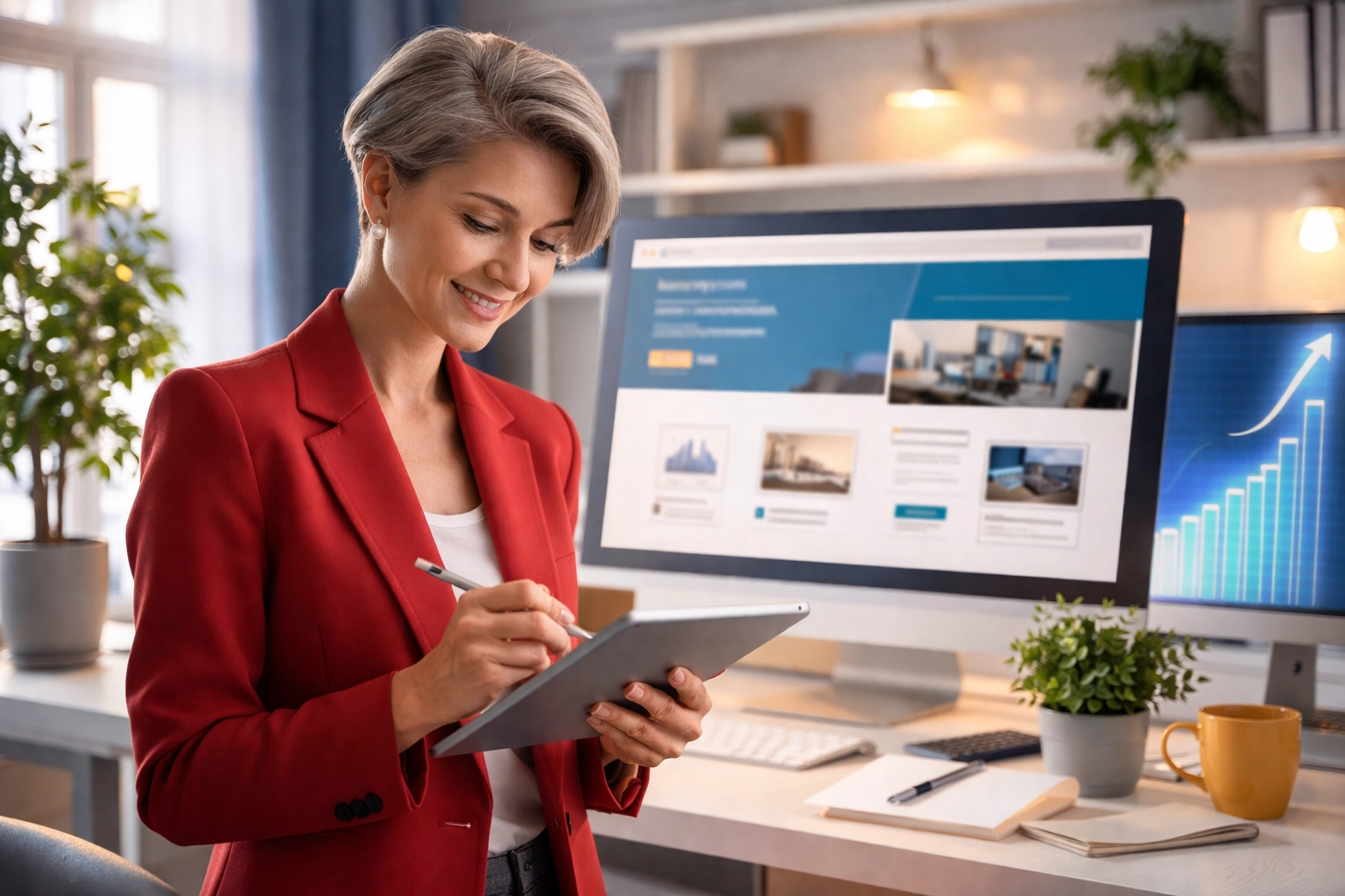 Small business web designer working on a scalable custom WordPress website in a creative studio