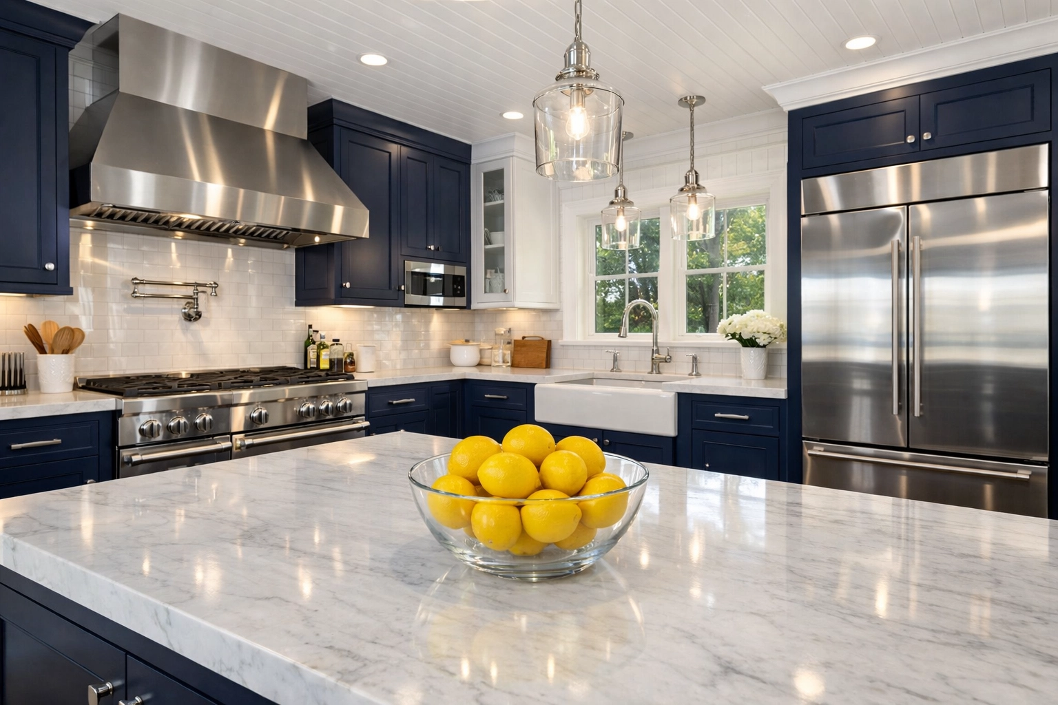 Spotless luxury Cape Cod kitchen in Barnstable with shining marble countertops after a rental turnover.