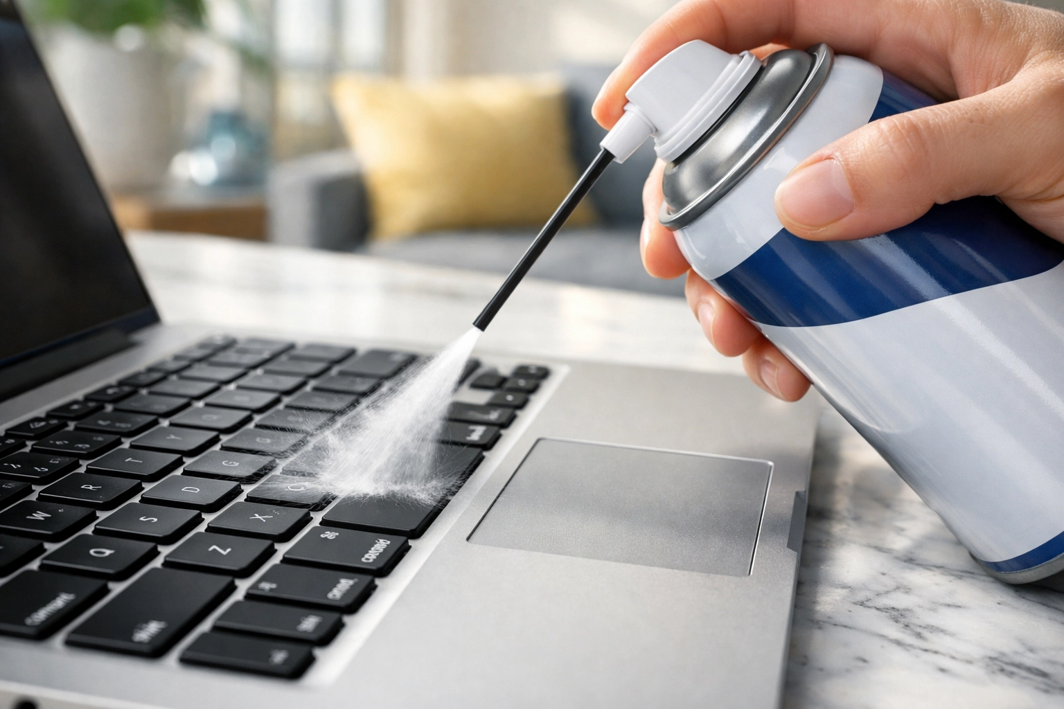 Using compressed air to clean dust and debris from a laptop keyboard in a clean home office setting.