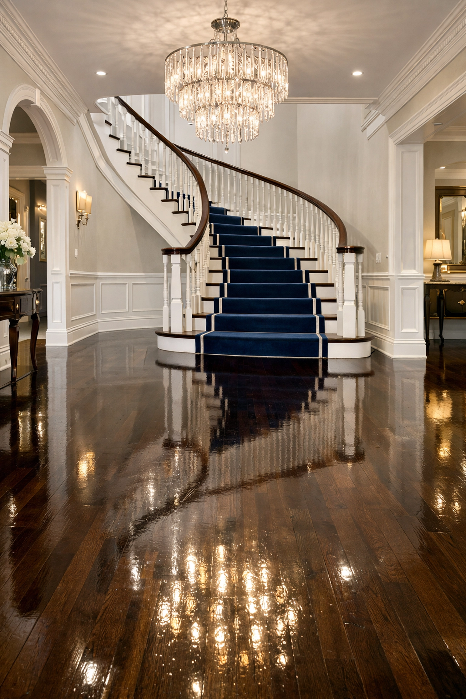 Gleaming hardwood floors in a grand foyer, showcasing high-end residential cleaning in Massachusetts.