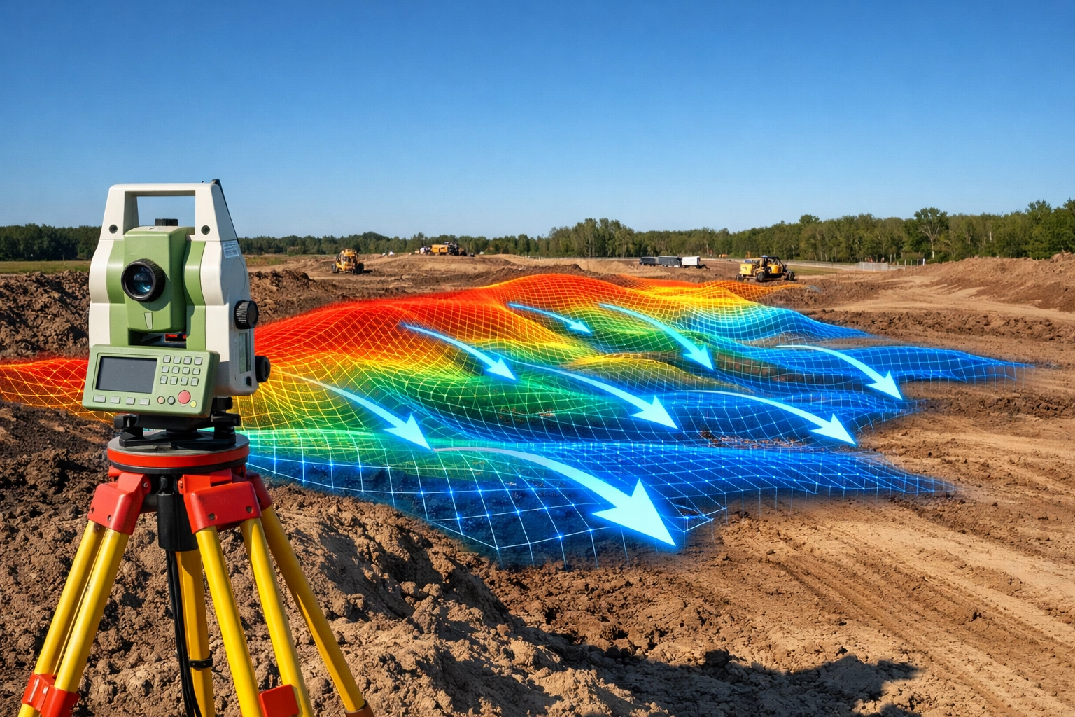 Surveying tool at an Ontario construction site with a digital mesh for a site grading plan and drainage.