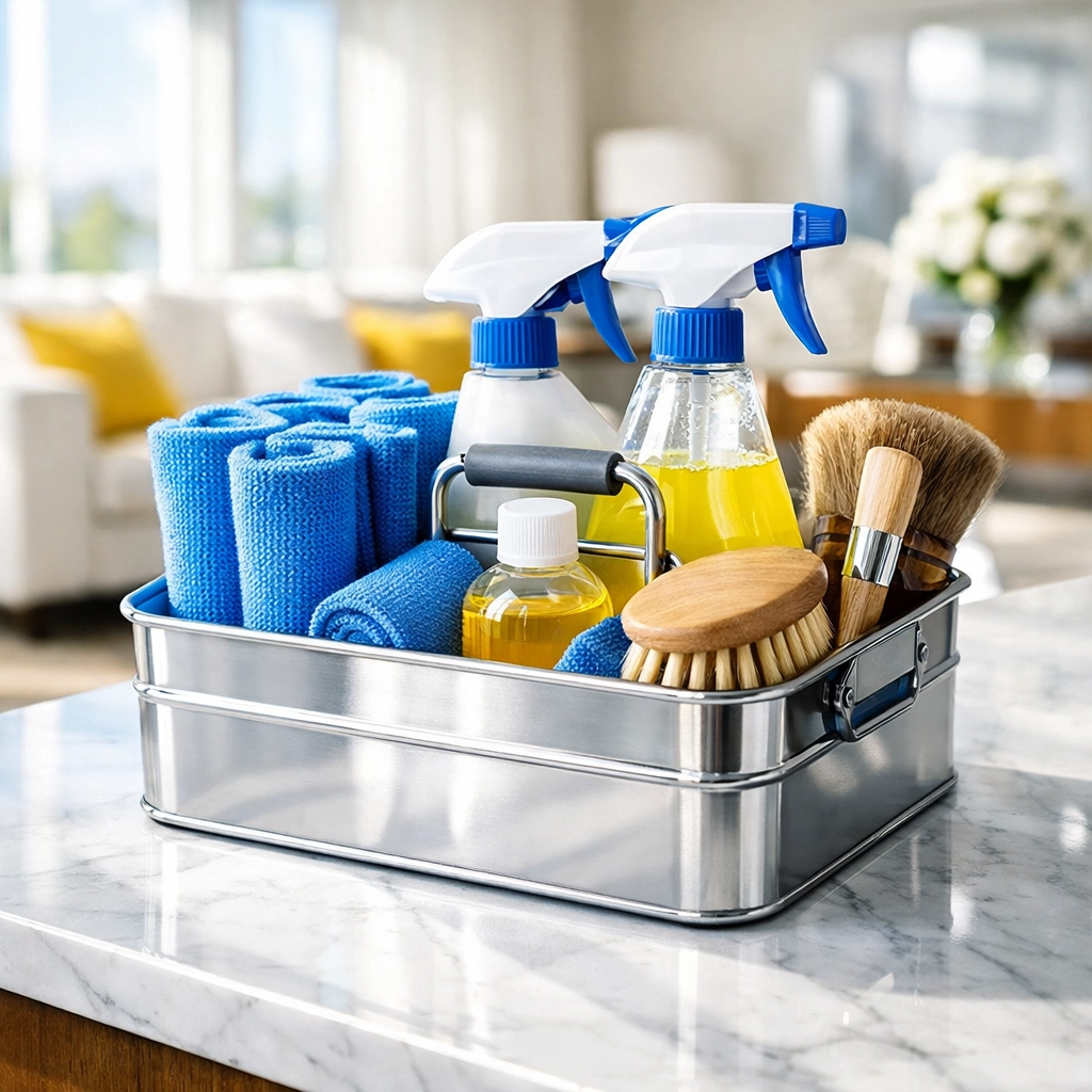 A professional cleaning caddy for eco-friendly house cleaning MA on a bright marble kitchen island.