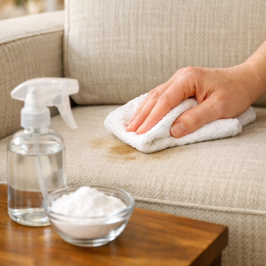 Hand blotting a pet stain on a beige sofa with a microfiber cloth and baking soda in Tulsa.