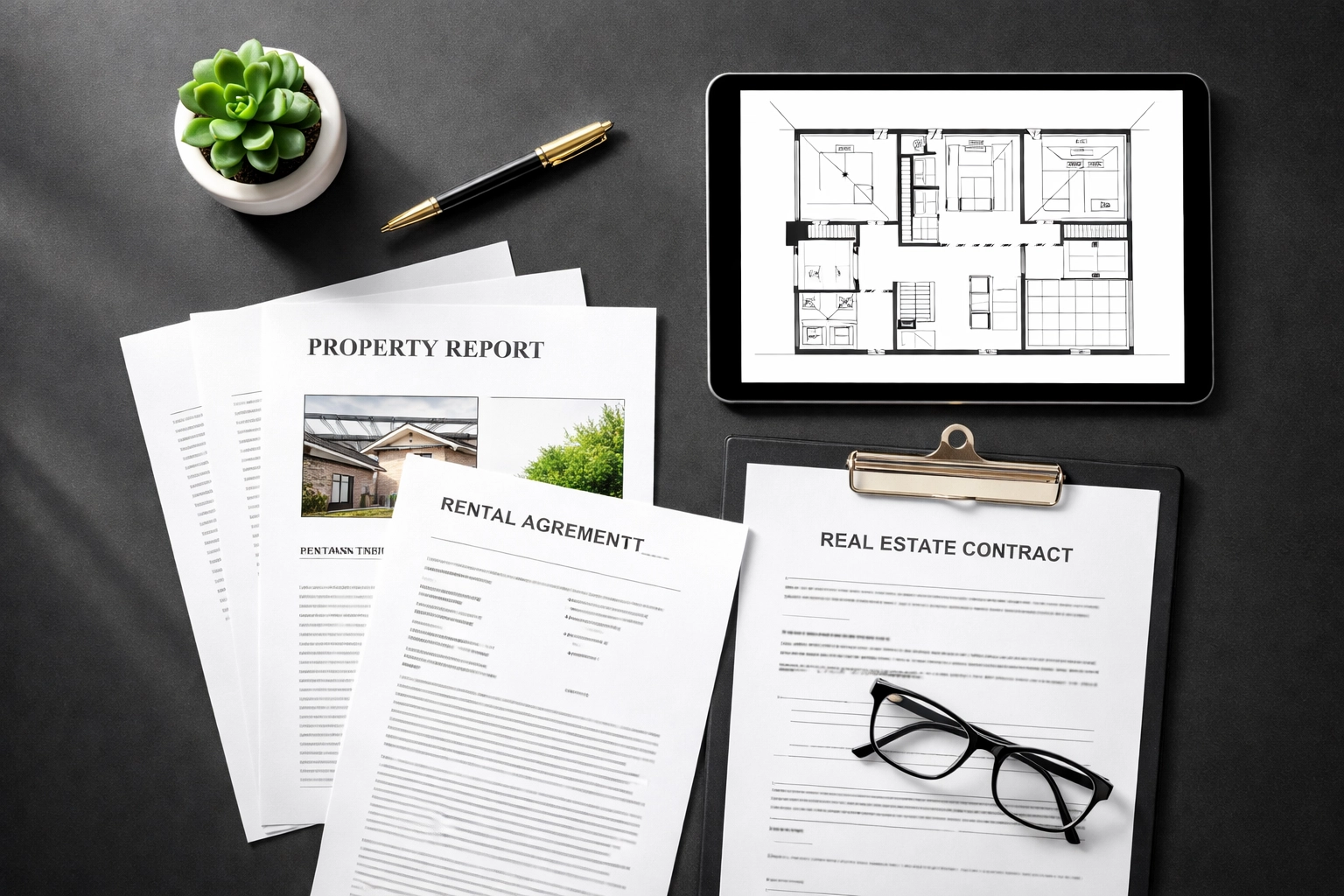 Organised desk with property management documents and floor plan, illustrating audit trail preparation