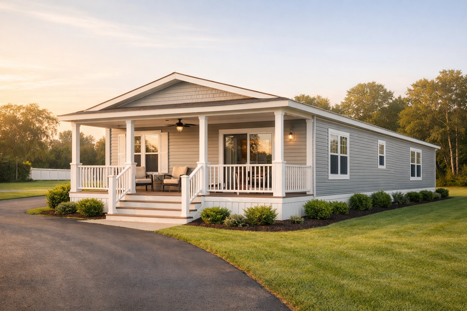 Modern manufactured home with a spacious front porch and lawn in a Houston community.
