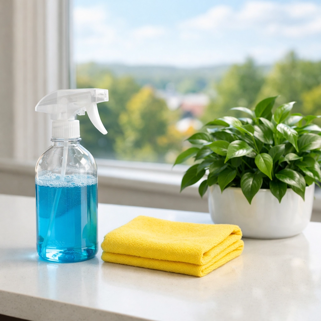 Eco-friendly janitorial products on a clean breakroom counter, highlighting healthy commercial cleaning in Pepperell.