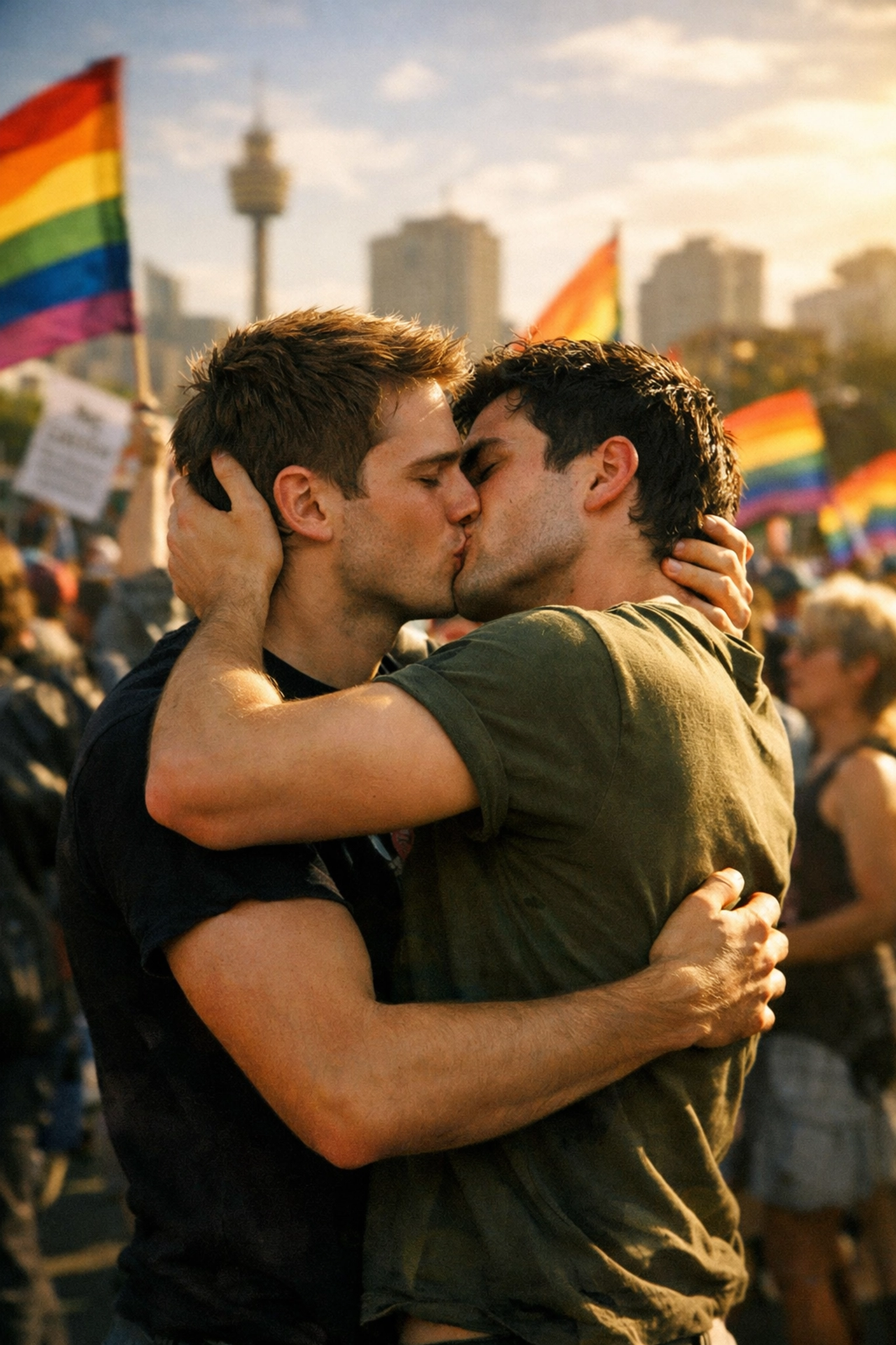 Two gay men embracing at a 2004 pride protest for marriage equality in Australia, surrounded by rainbow flags.