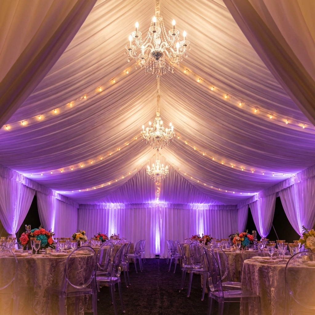 Interior of a luxury event rental tent with chandeliers, string lights, and dressed tables for pop-up events
