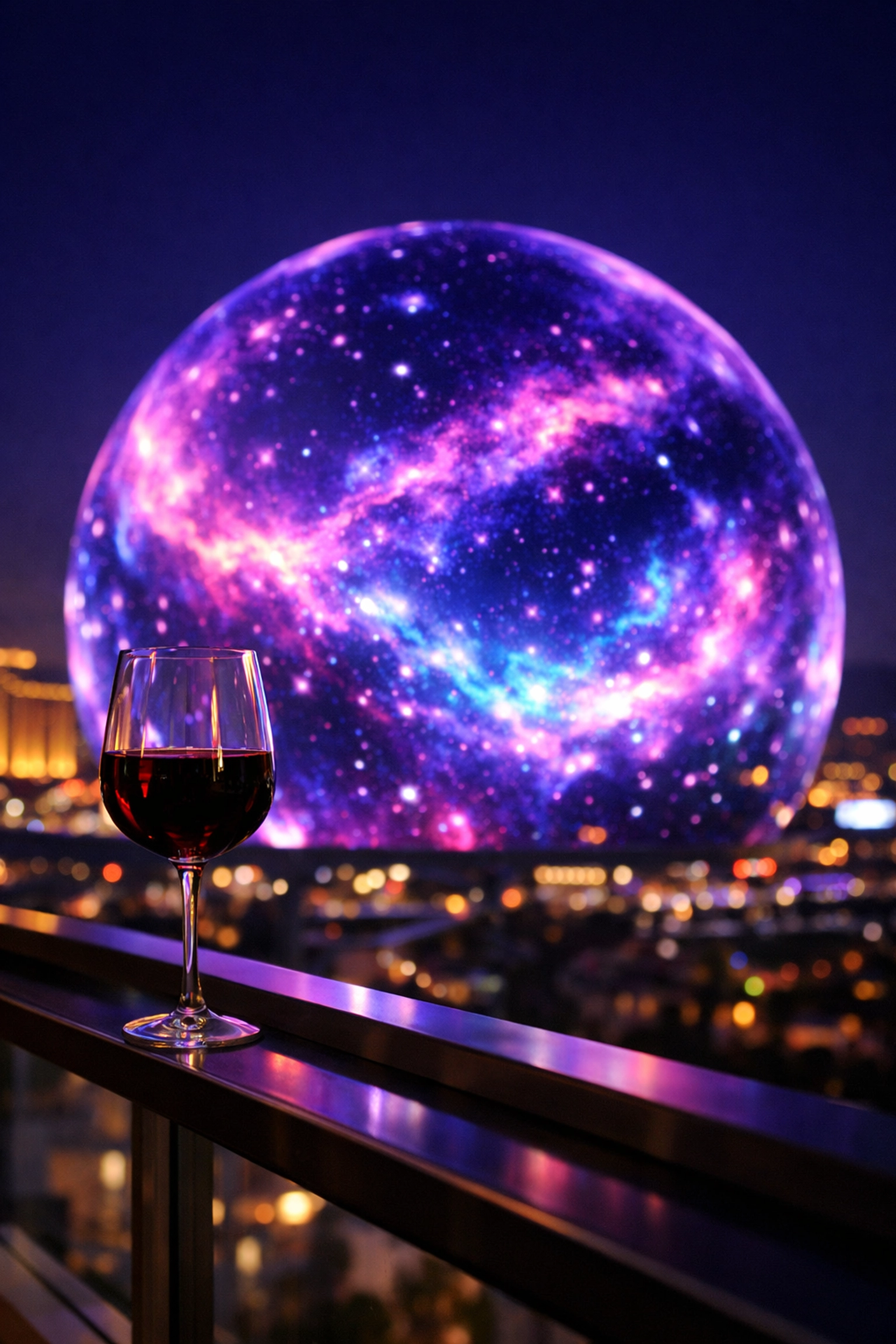 Las Vegas Sphere view from Holiday Inn Club Vacations Desert Club Resort balcony at night