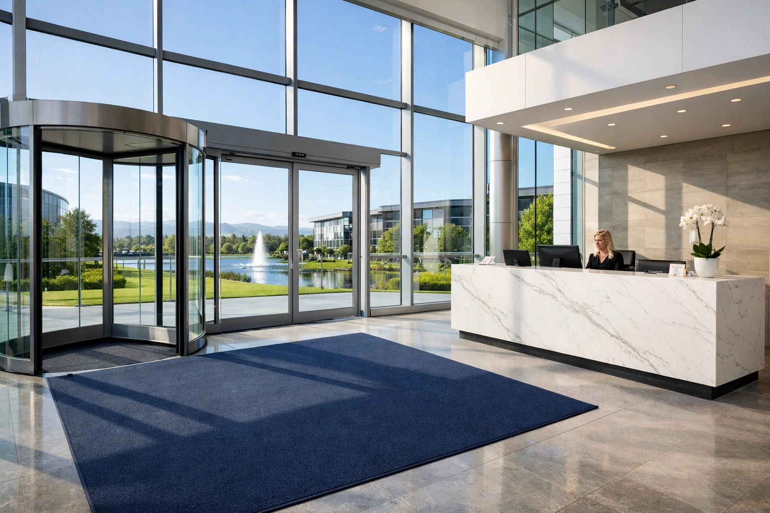 Pristine office reception area in Central Scotland showing audit-ready commercial cleaning standards.