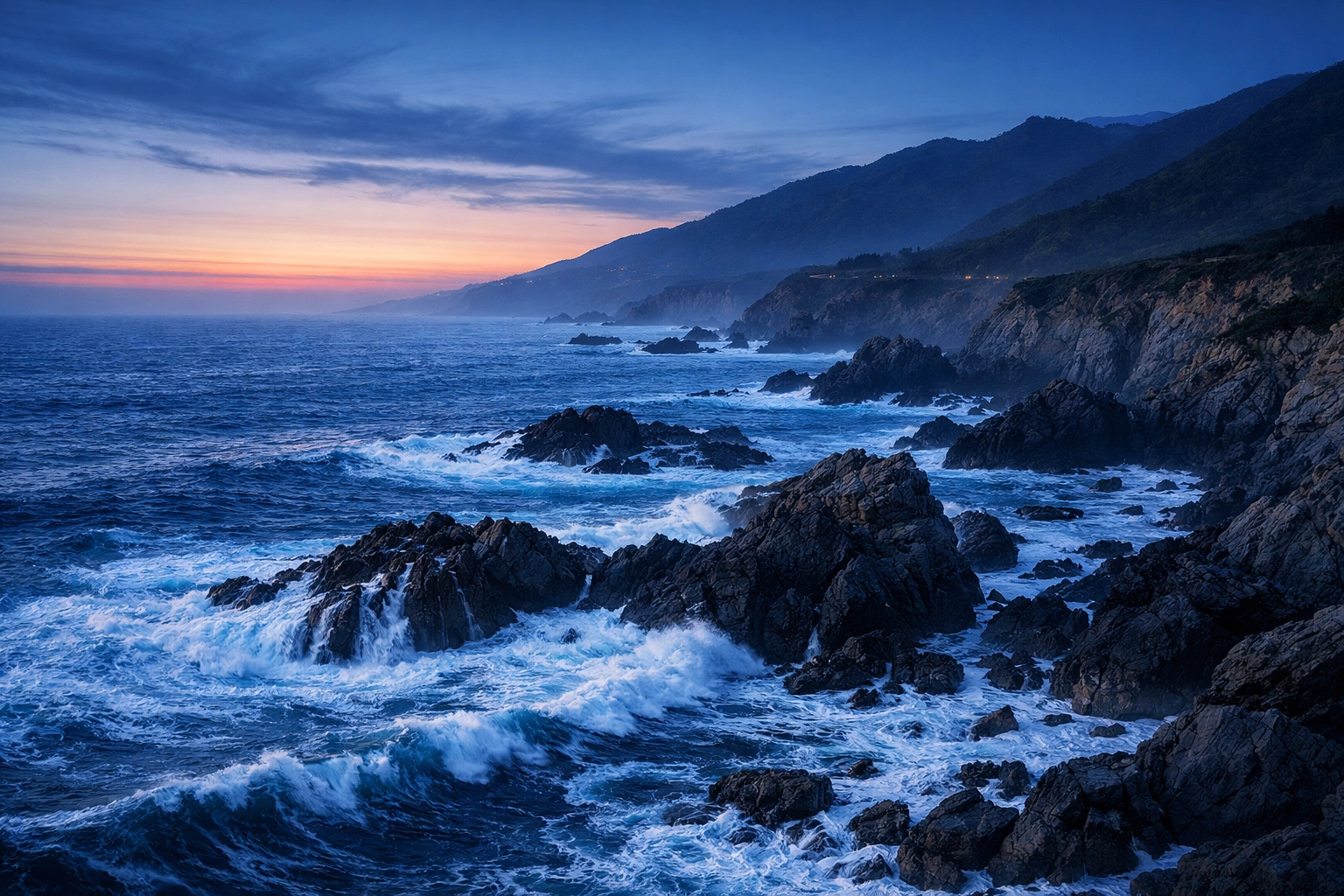 High-quality landscape photo of Big Sur coastline at blue hour to demonstrate professional image optimization.