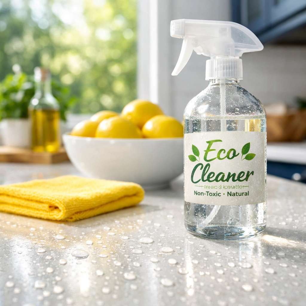 Eco-friendly deep cleaning Worcester solutions used in a bright, modern kitchen with navy cabinets.