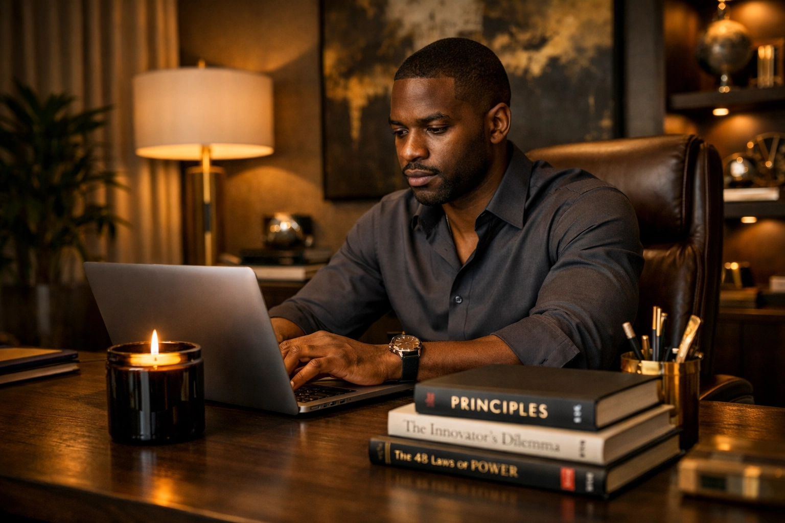 The Ultimate Guide to Shopping Black-Owned: Everything You Need to Support the Movement Black professional working in a sleek home office with a luxury candle, symbolizing future ambition.