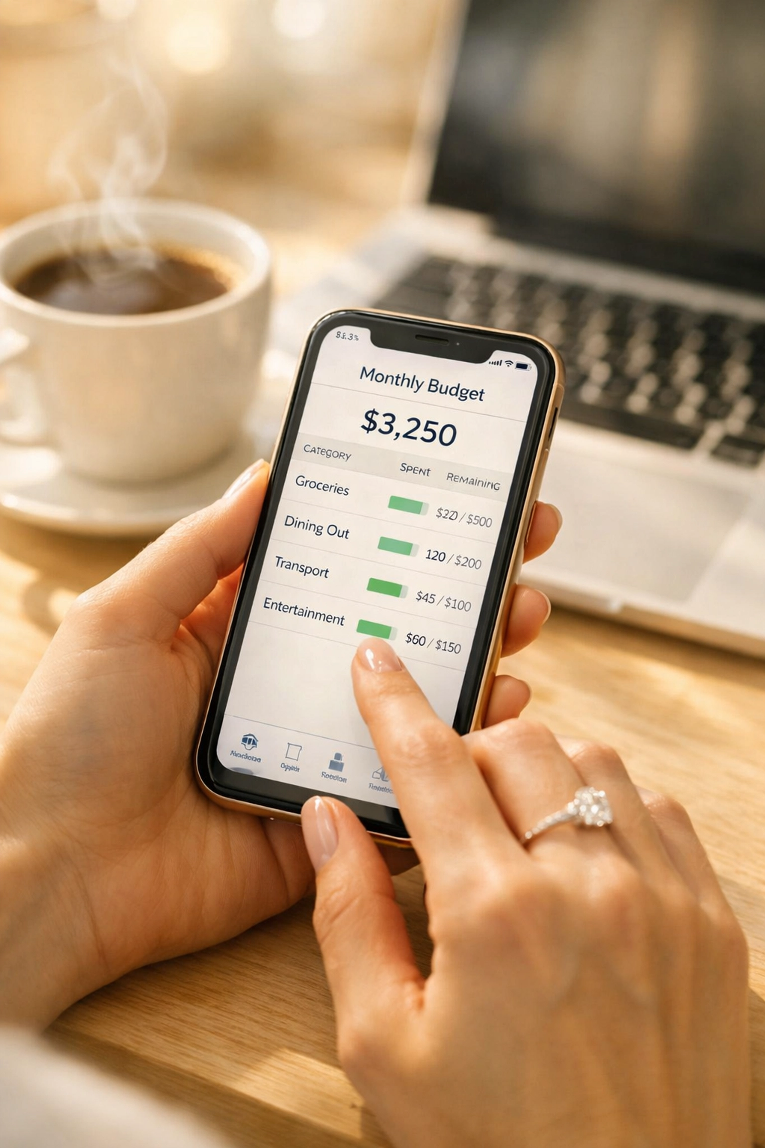 Bride tracking wedding budget on smartphone while wearing engagement ring with morning coffee
