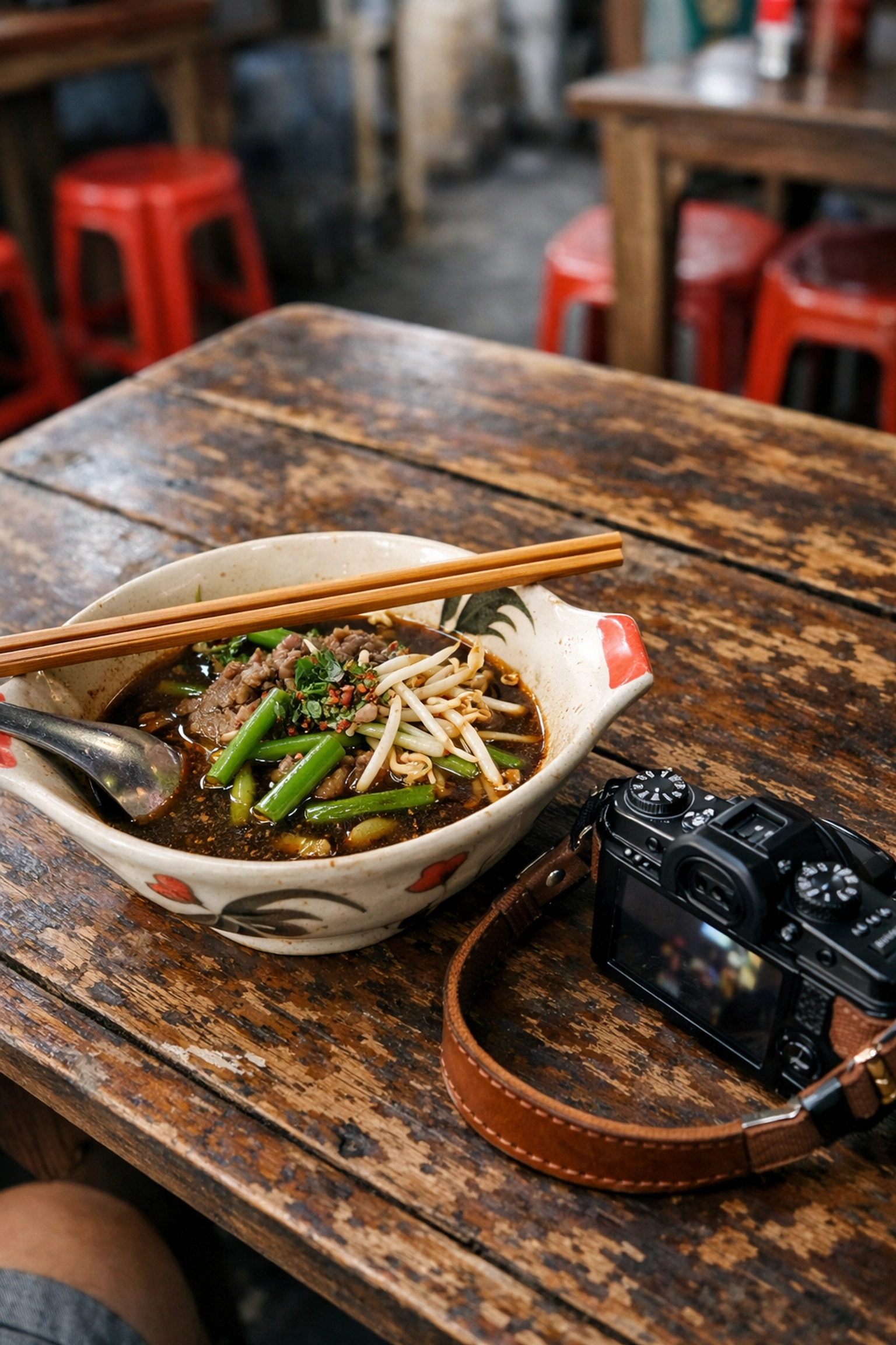 A bowl of traditional Thai boat noodles and a camera at a local Bangkok eatery for budget travelers.