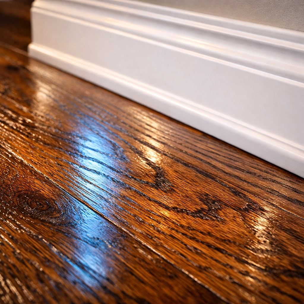 High-end Dover luxury cleaning results on polished hand-scraped oak hardwood floors in a grand estate.