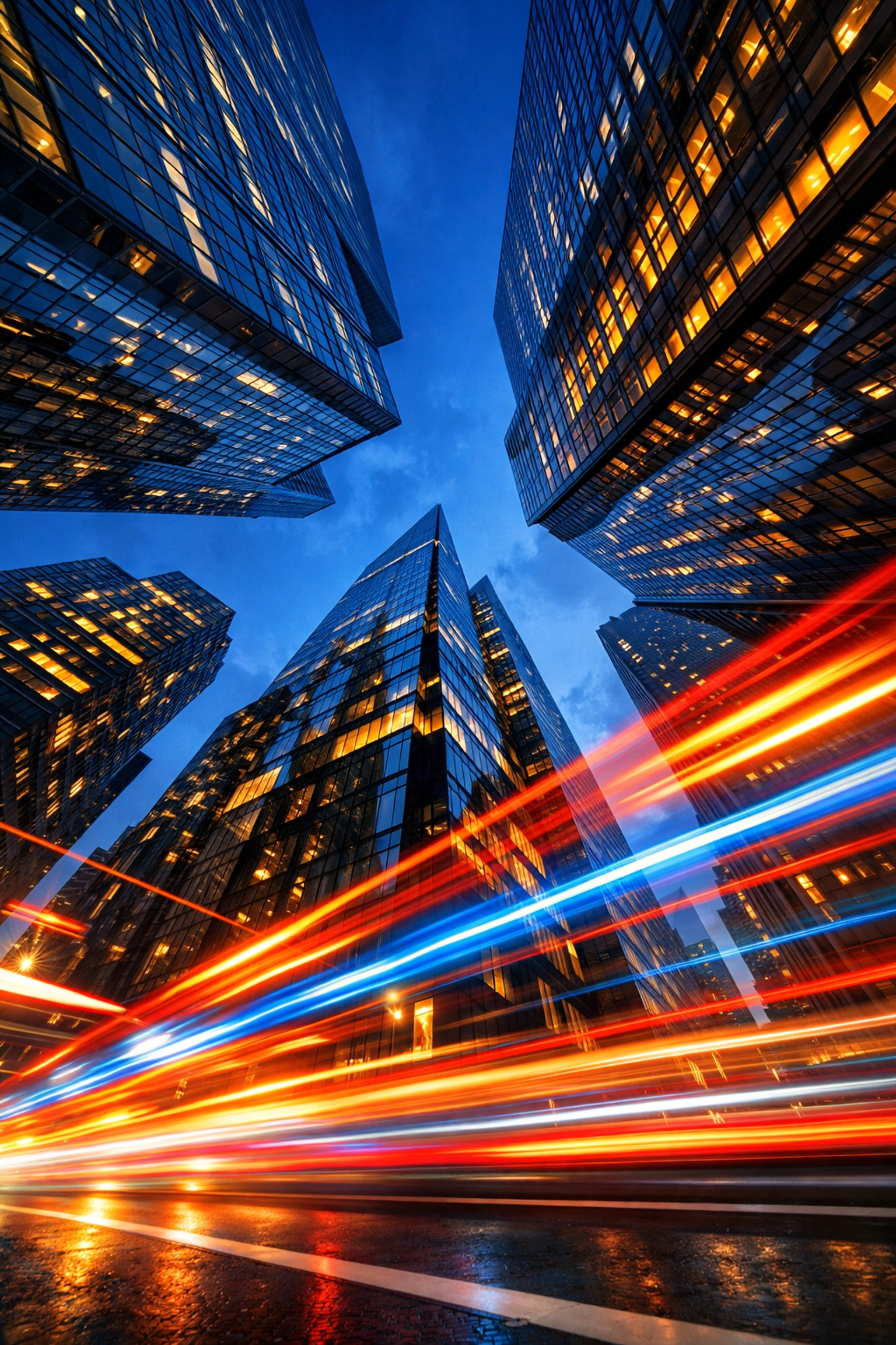 Architectural travel photography showing low-angle skyscrapers and traffic light trails in a city center.