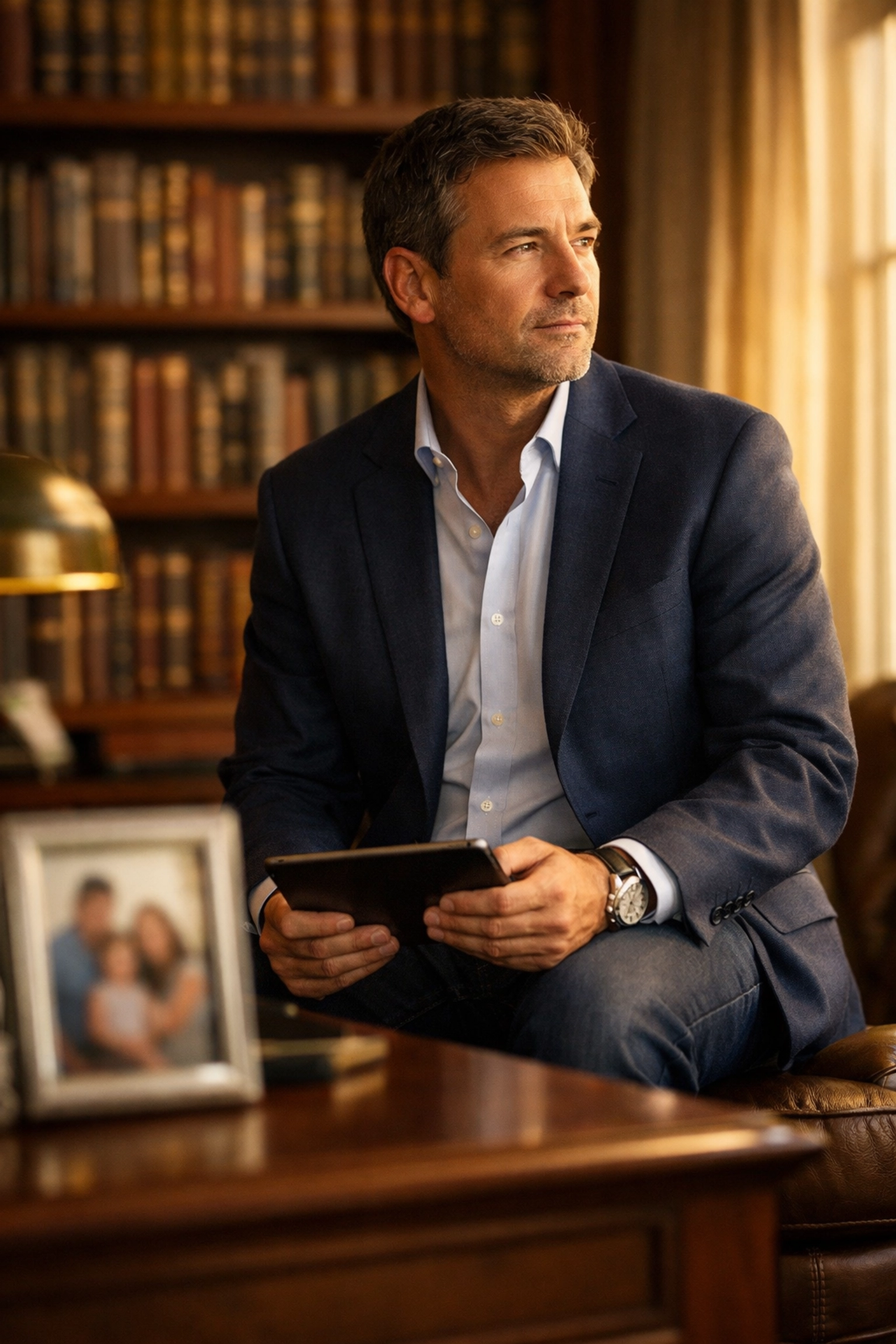Pensive executive in a home library reflecting on talent retention and the advantages of the SERP-PLUS model.