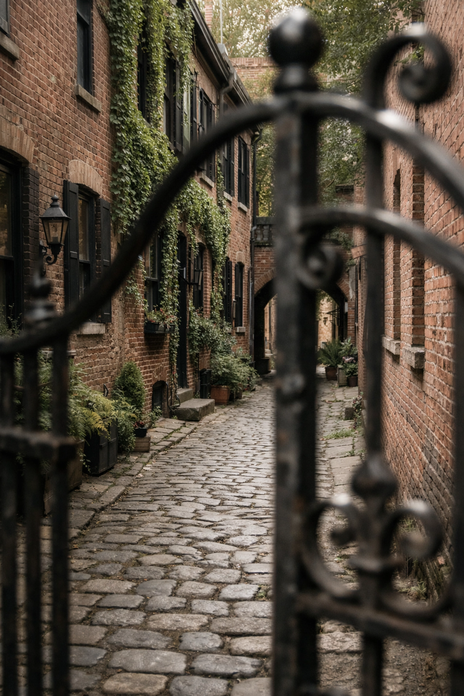Secluded cobblestone alley with historic brick townhouses in Greenwich Village, a hidden NYC photo spot.