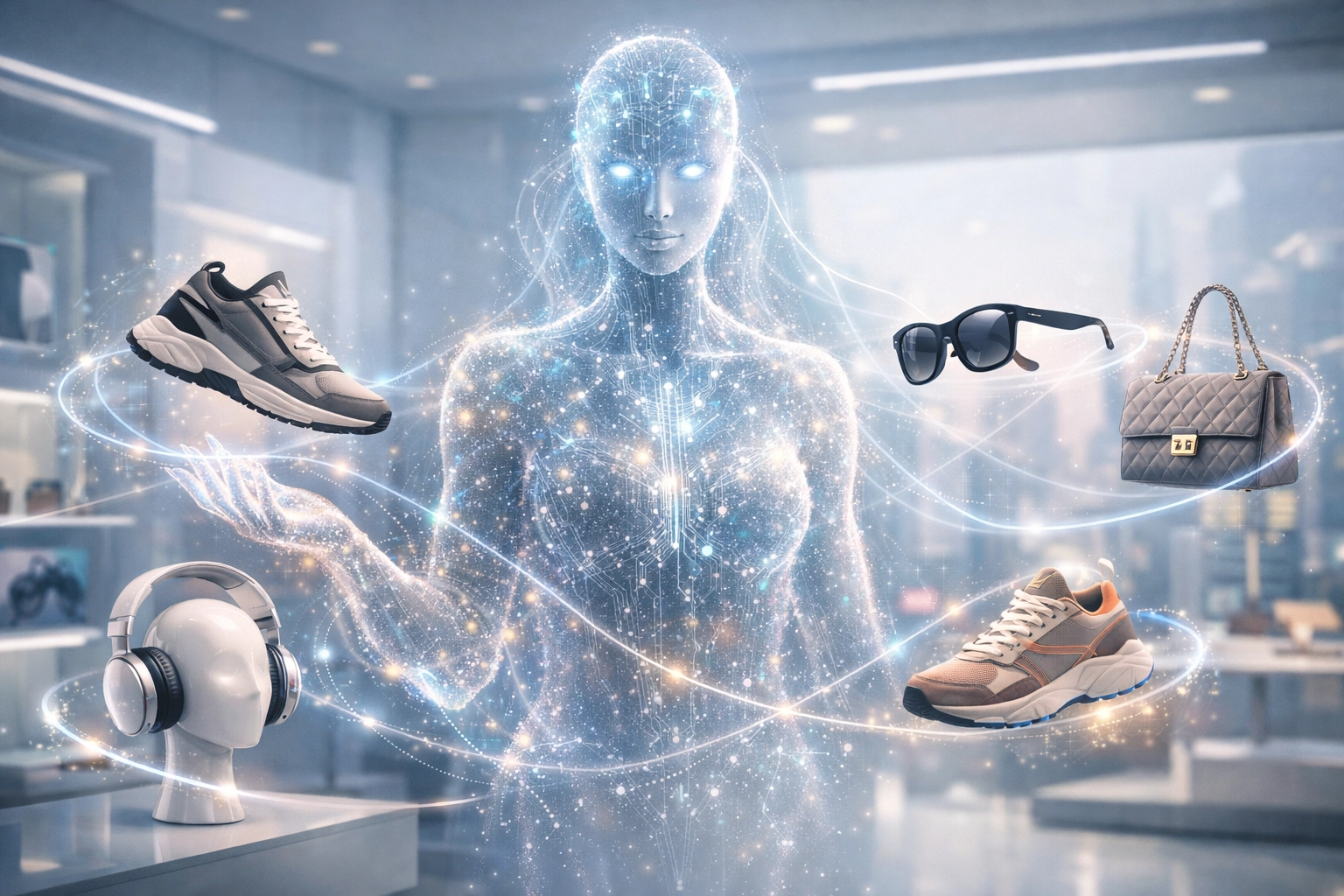 Interactive Larecoin AI assistant providing personalized product recommendations in a virtual storefront.