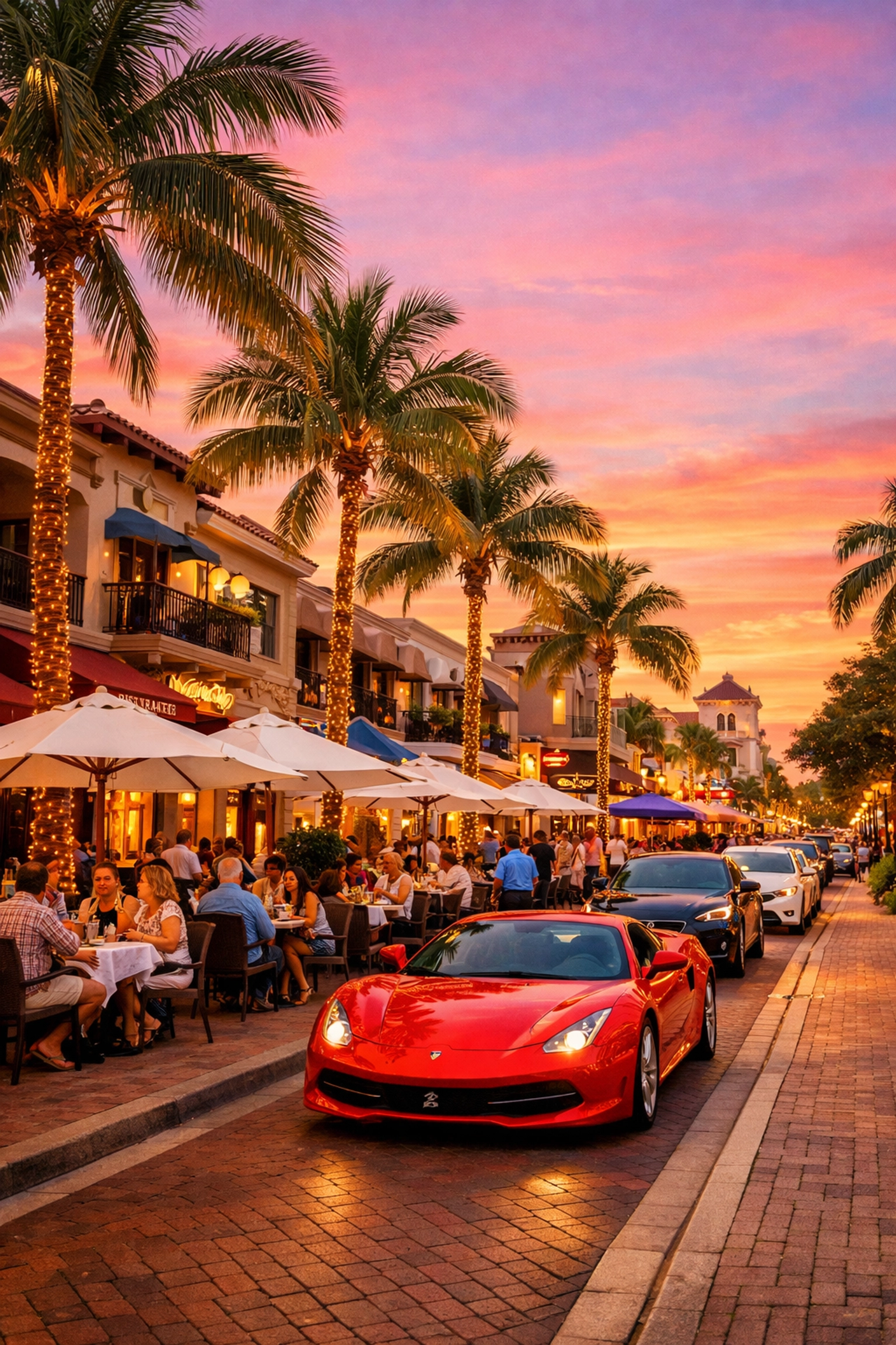 Outdoor dining and palm trees on Atlantic Avenue in Delray Beach, showcasing South Florida lifestyle.