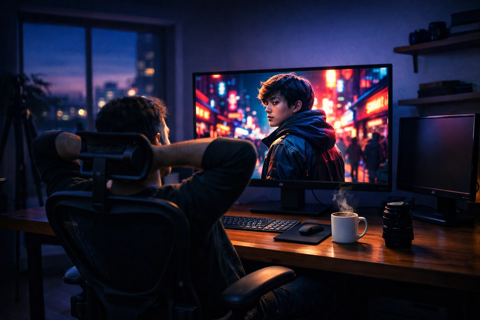 Photographer reviewing a polished portrait in a studio, demonstrating a professional photography workflow.