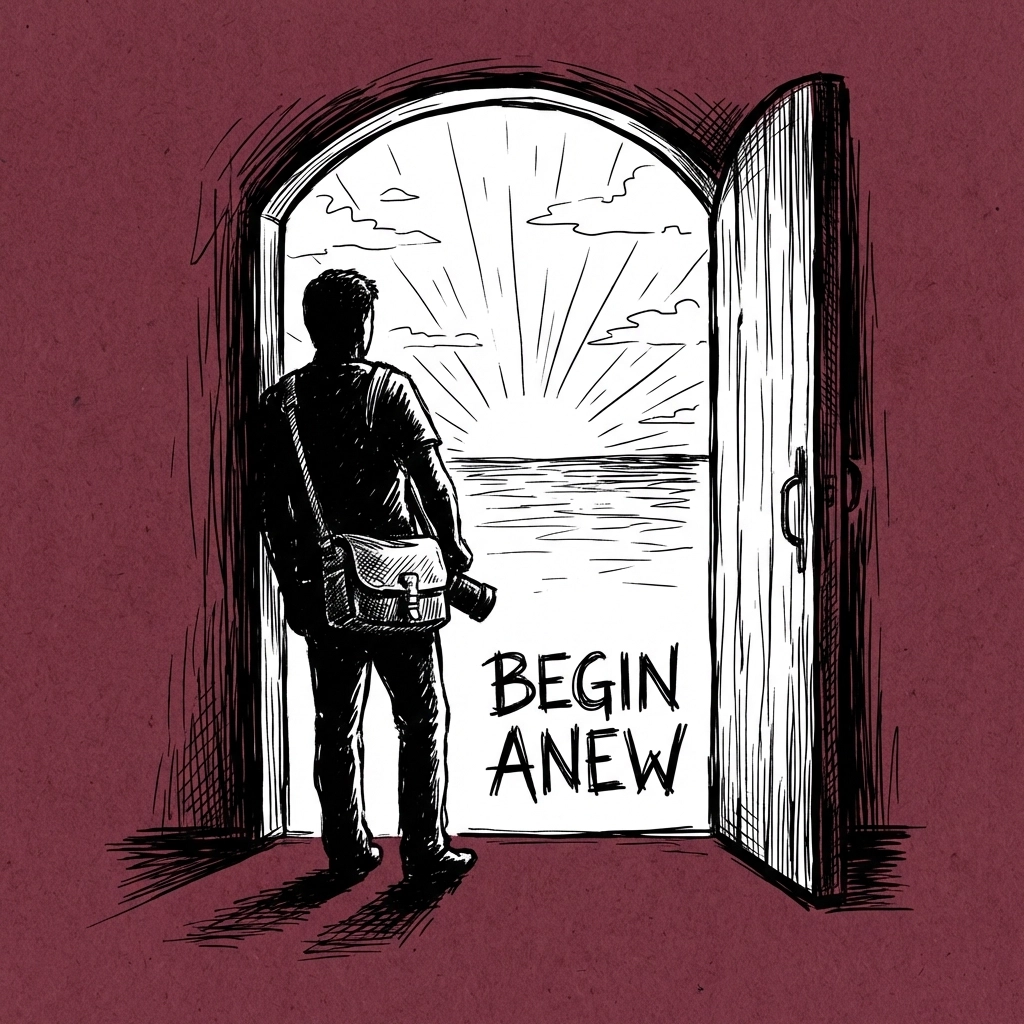 A hopeful creator stands at an open doorway, ready to start their journey with IncluHub's supportive community.