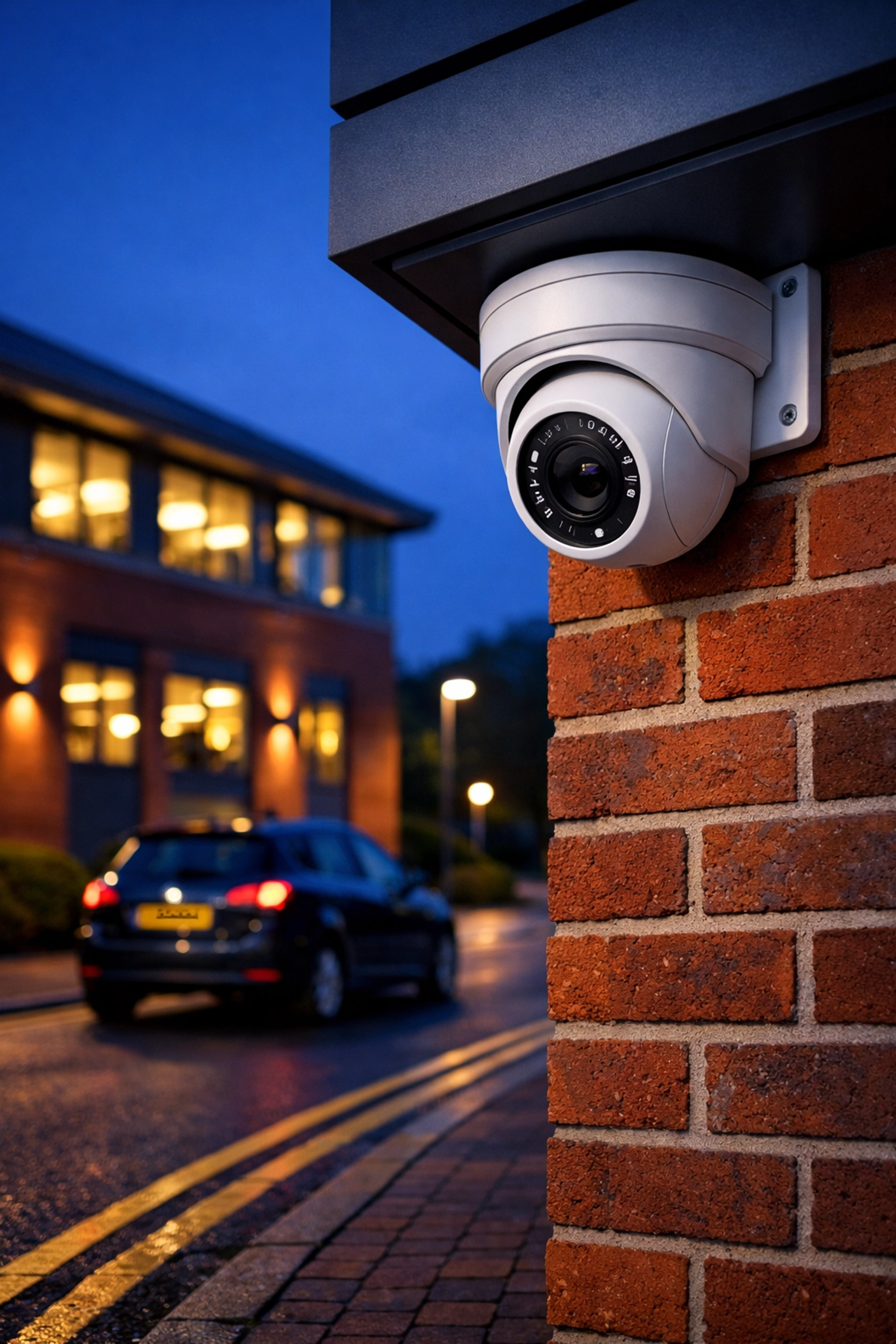 Modern white turret CCTV camera installed on a brick commercial building in a Southampton business park.