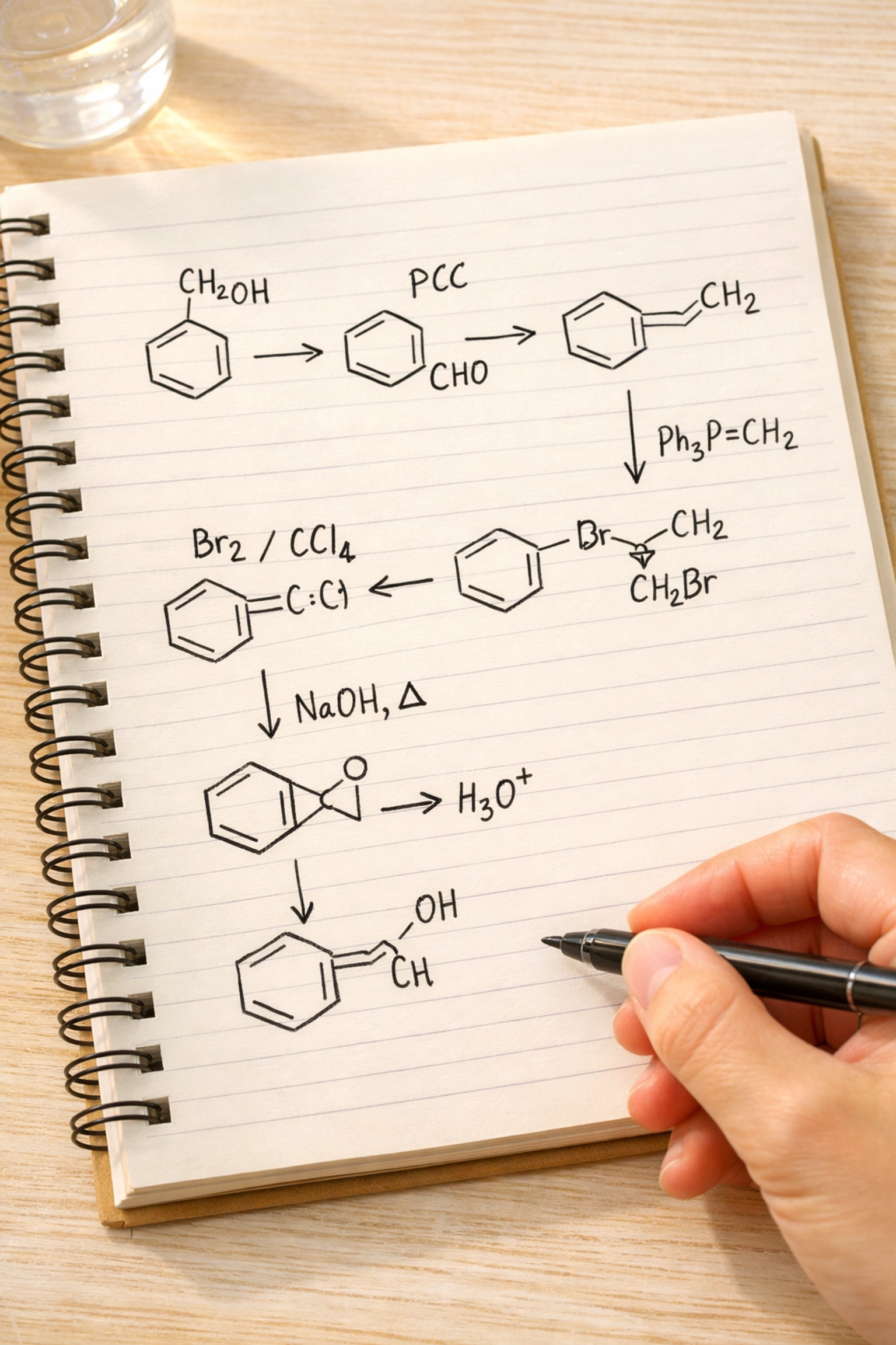 Hand-drawn organic synthesis pathway in student notebook showing skeletal formulae and reaction conditions