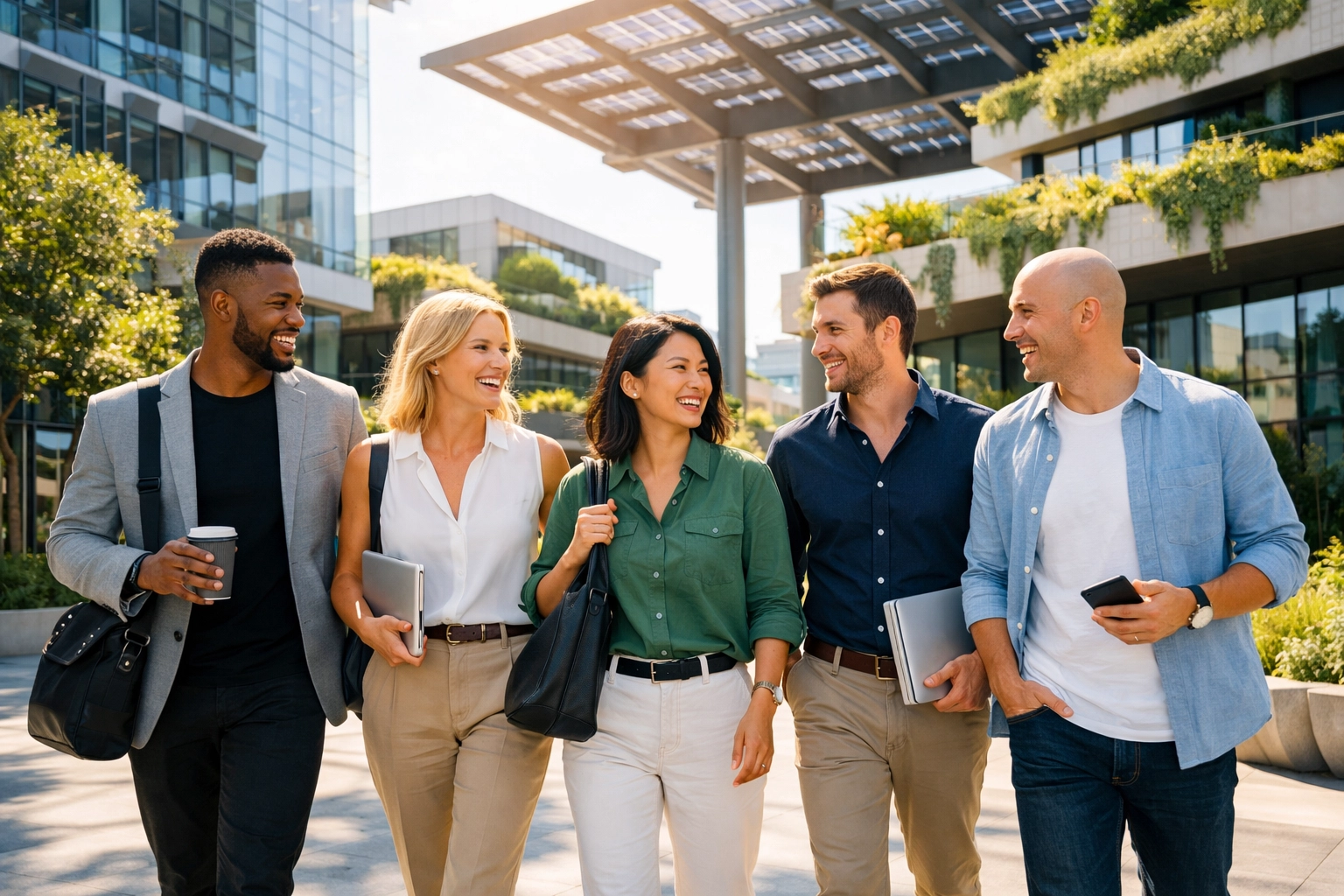 Diverse professionals walking through a modern plaza, representing a resilient future for career-ready talent.