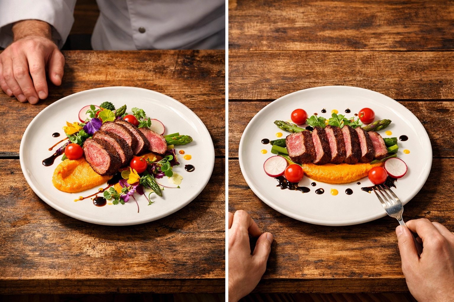 Side-by-side comparison of chef-plated dish versus AI-generated recipe presentation
