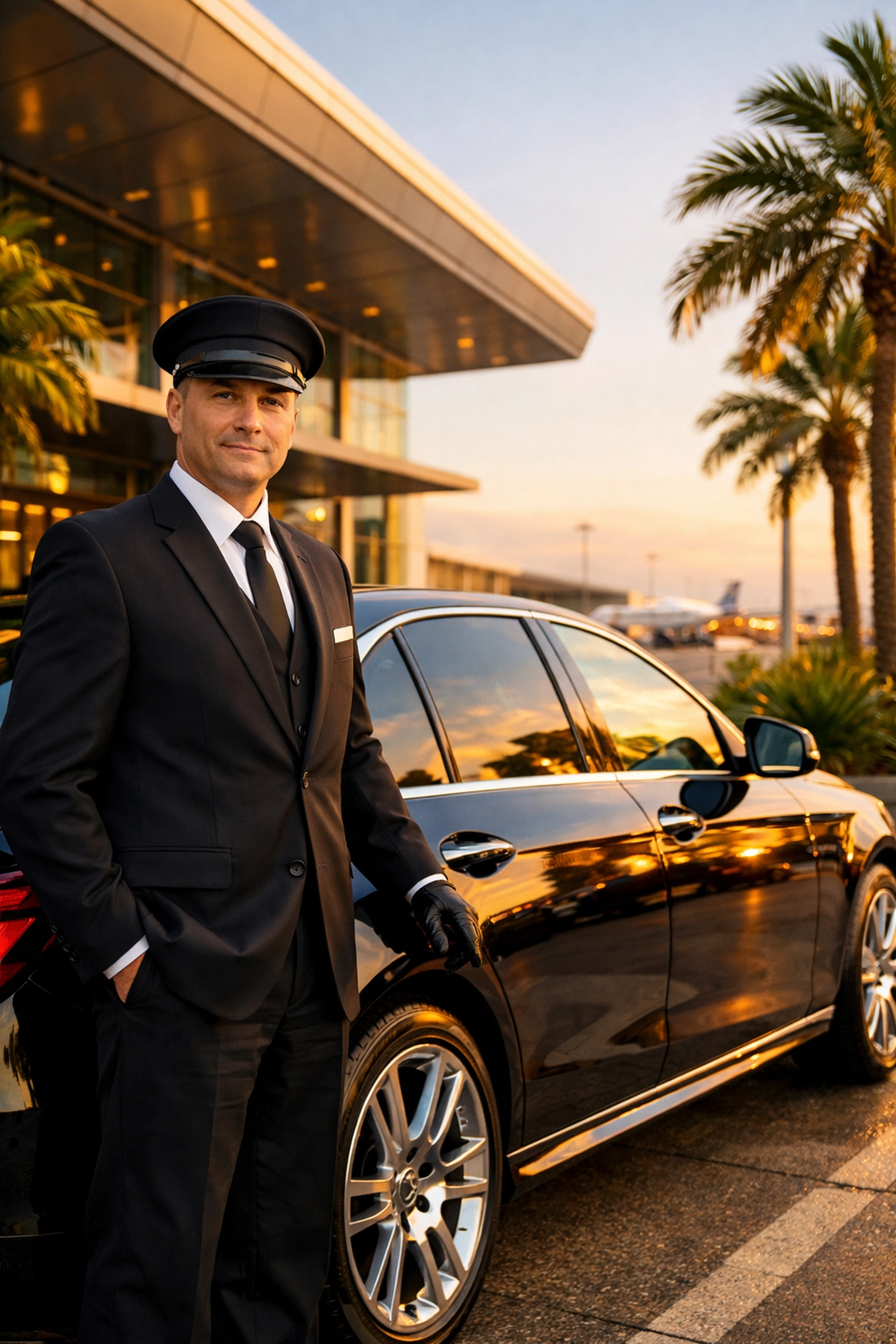 Professional chauffeur and luxury vehicle providing airport transfers for business travelers