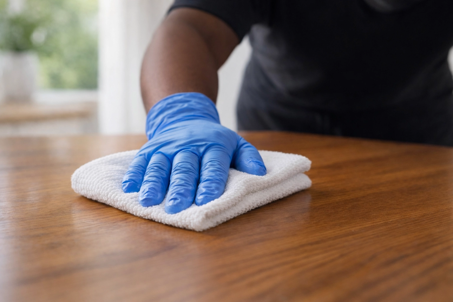 Microfiber cloth wiping a dust-free wooden surface by expert house cleaners Nanaimo.